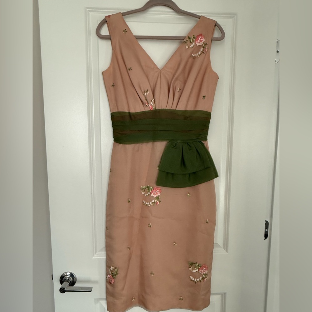 Elegant Blush Pink V-Neck Cocktail Dress with Olive Waist Sash